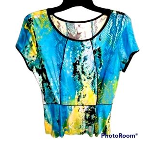 Worthington turquoise yellow black and white top